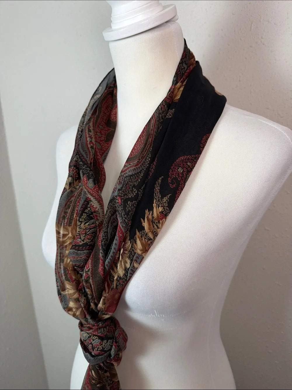 Ralph Lauren 100% Silk Scarf Floral Paisley Burgundy Long Oblong Vintage Style